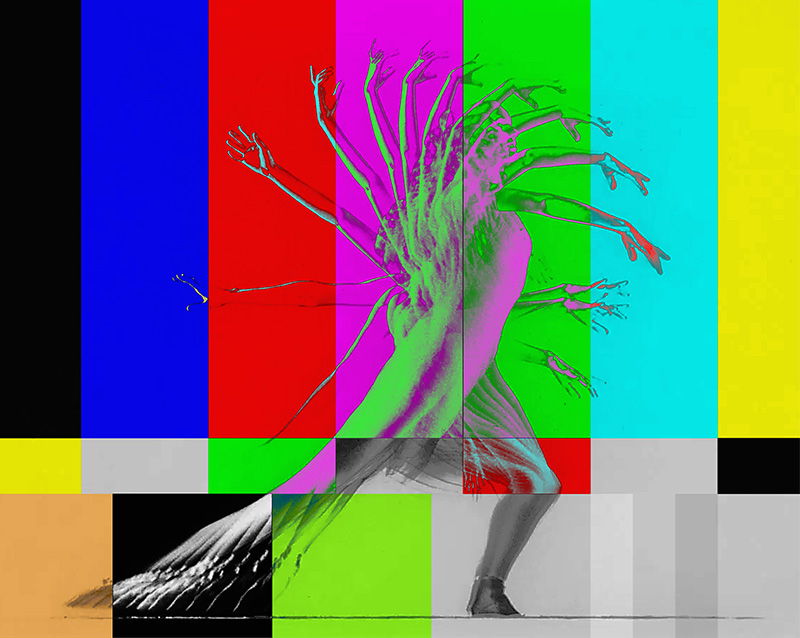 a dynamic image of a dancer with multiple frames superimposed over a television color test background