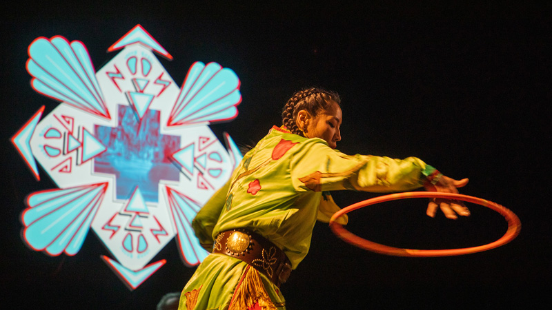 artist in Native garb performing with adornment behind them